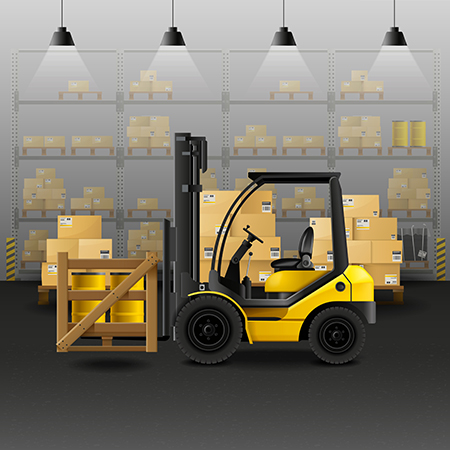 Forklift in warehouse carrying cargo boxes vector illustration